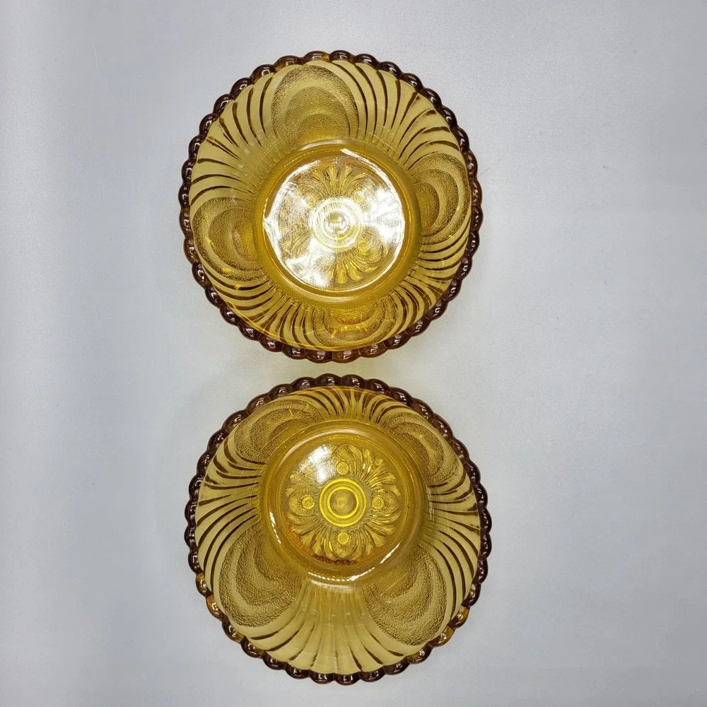 Vtg Amber Glass Dessert Bowls Set Of 2 Scalloped Edge Pressed Glass
